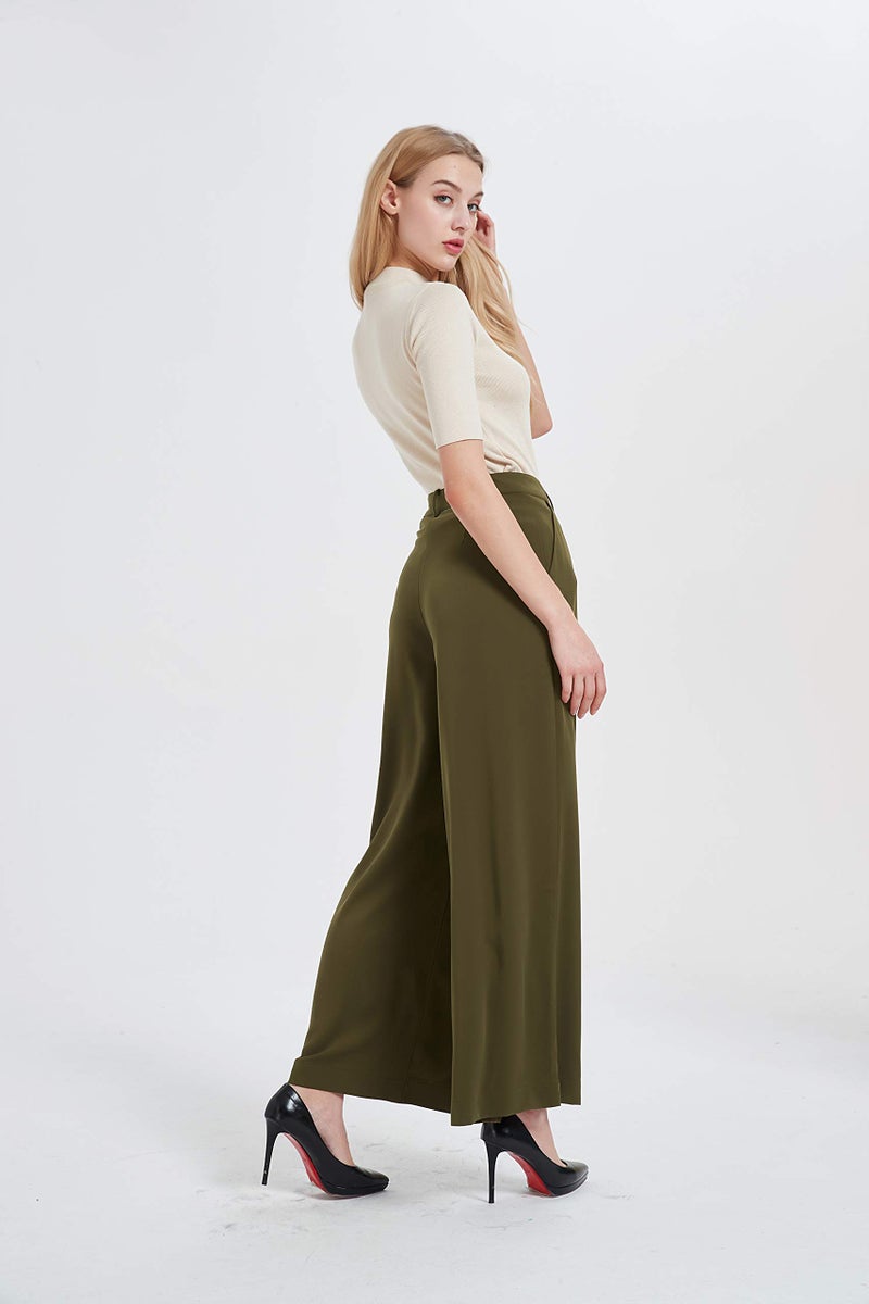 Tronjori Women High Waist Casual Wide Leg Long Palazzo Pants Trousers Regular Size(XS,Olive) - Image 4